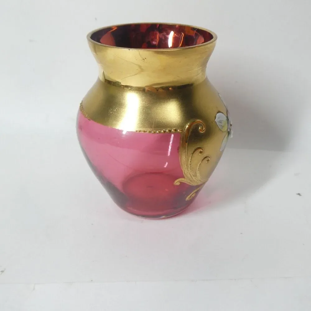 Cranberry Glass Vase Gold Flowers Bohemian Czech Vintage 3.5